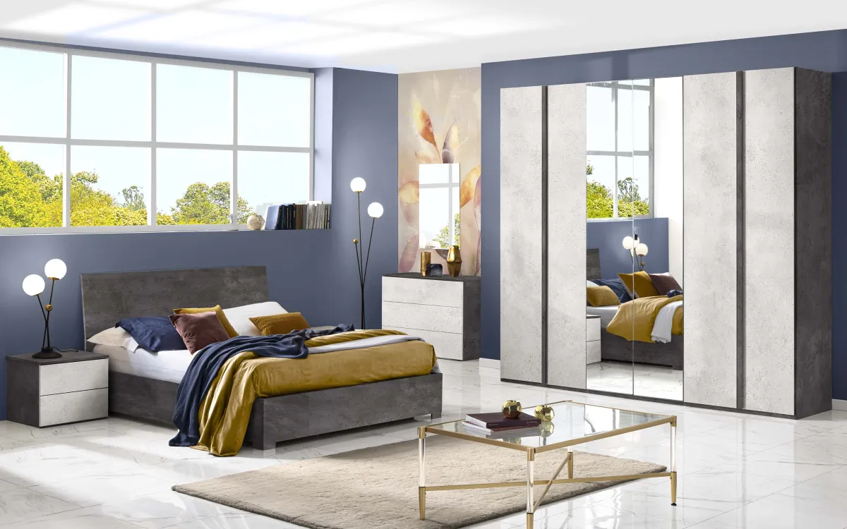 Camera 6 ante con specchio centrale con letto contenitore loto nero, loto grigio: Primula