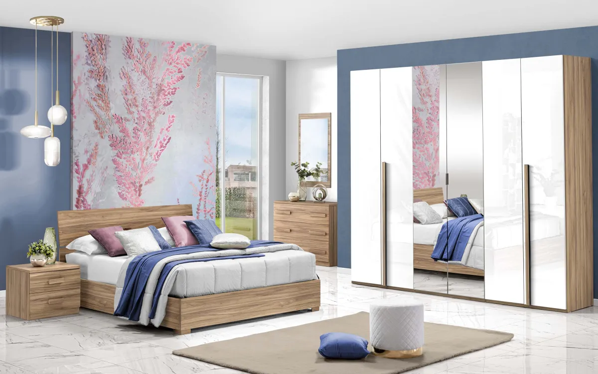 Camera 6 ante con specchio centrale con letto contenitore lungo effetto noce oro, bianco laccato: Sirio