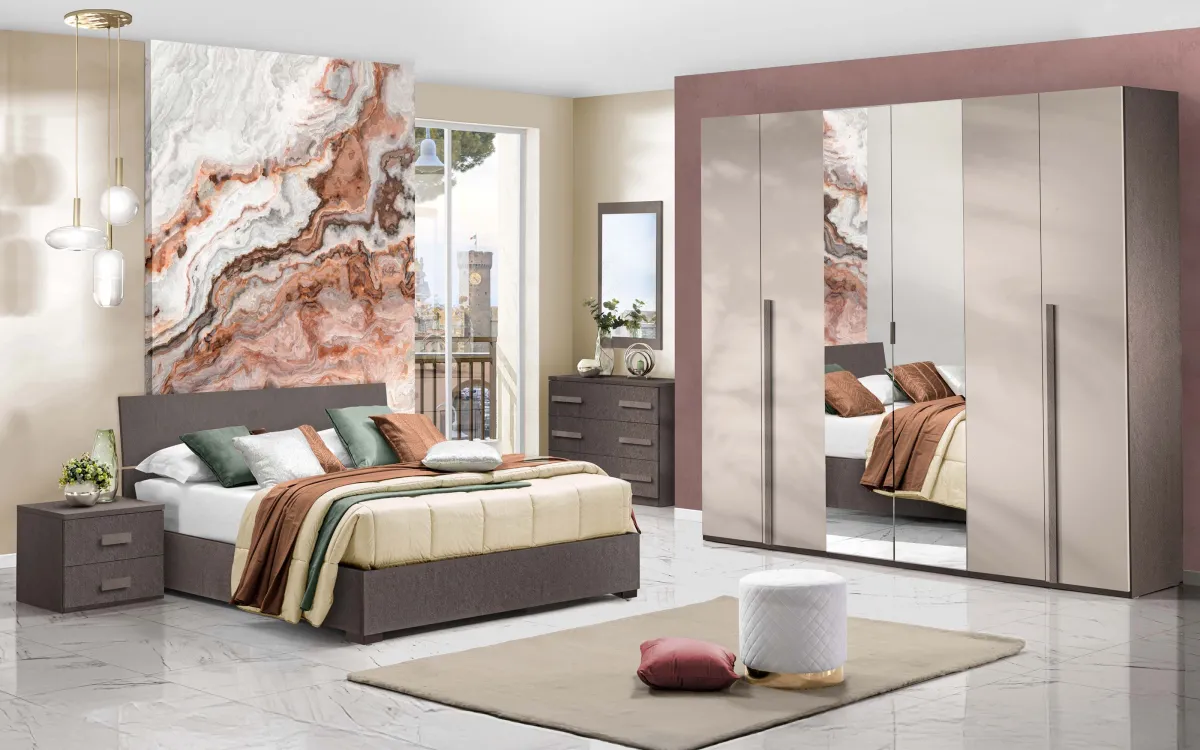 Camera 6 ante con specchio centrale con letto contenitore lungo bronzo, visone: Sirio
