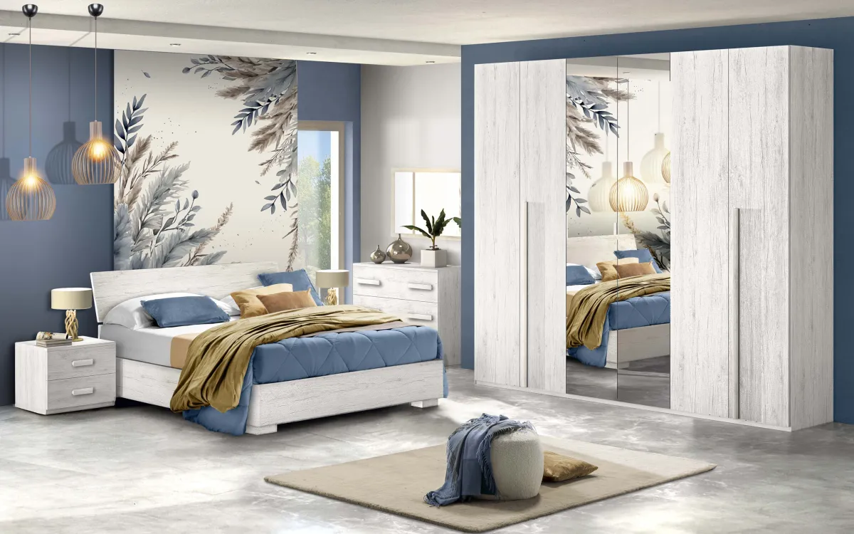 Camera 6 ante con specchio centrale con letto contenitore lungo bianco detroit: Sirio