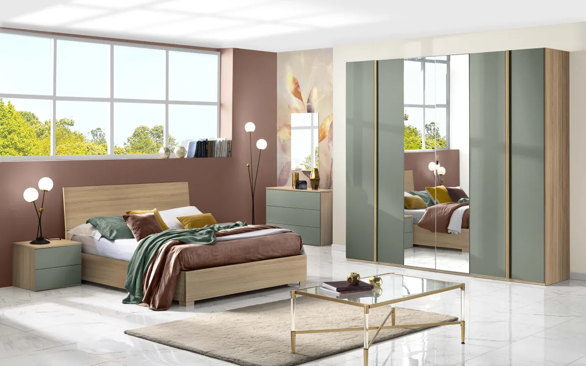 Camera 6 ante con specchio centrale con letto contenitore noce riva, verde salvia: Primula