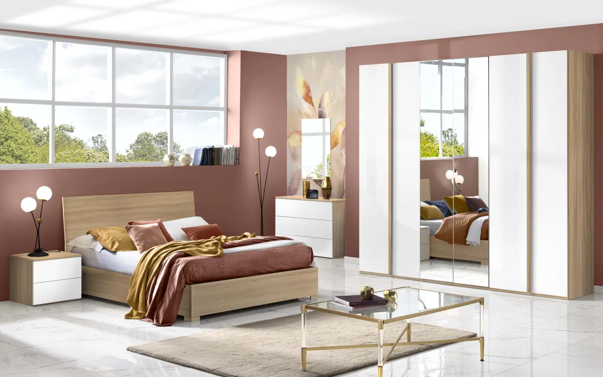 Camera 6 ante con specchio centrale con letto contenitore noce riva, bianco opaco: Primula