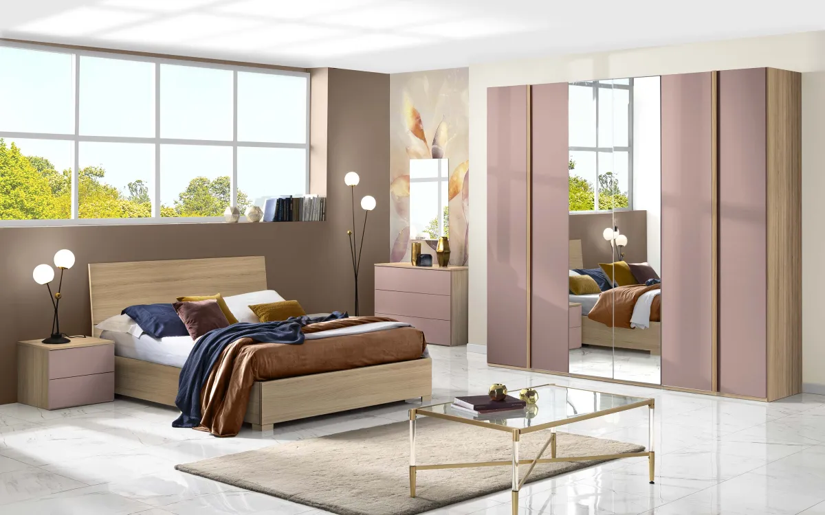 Camera 6 ante con specchio centrale con letto contenitore noce riva, rosa corallo: Primula