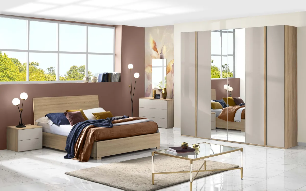 Camera 6 ante con specchio centrale con letto contenitore noce riva, zinco: Primula