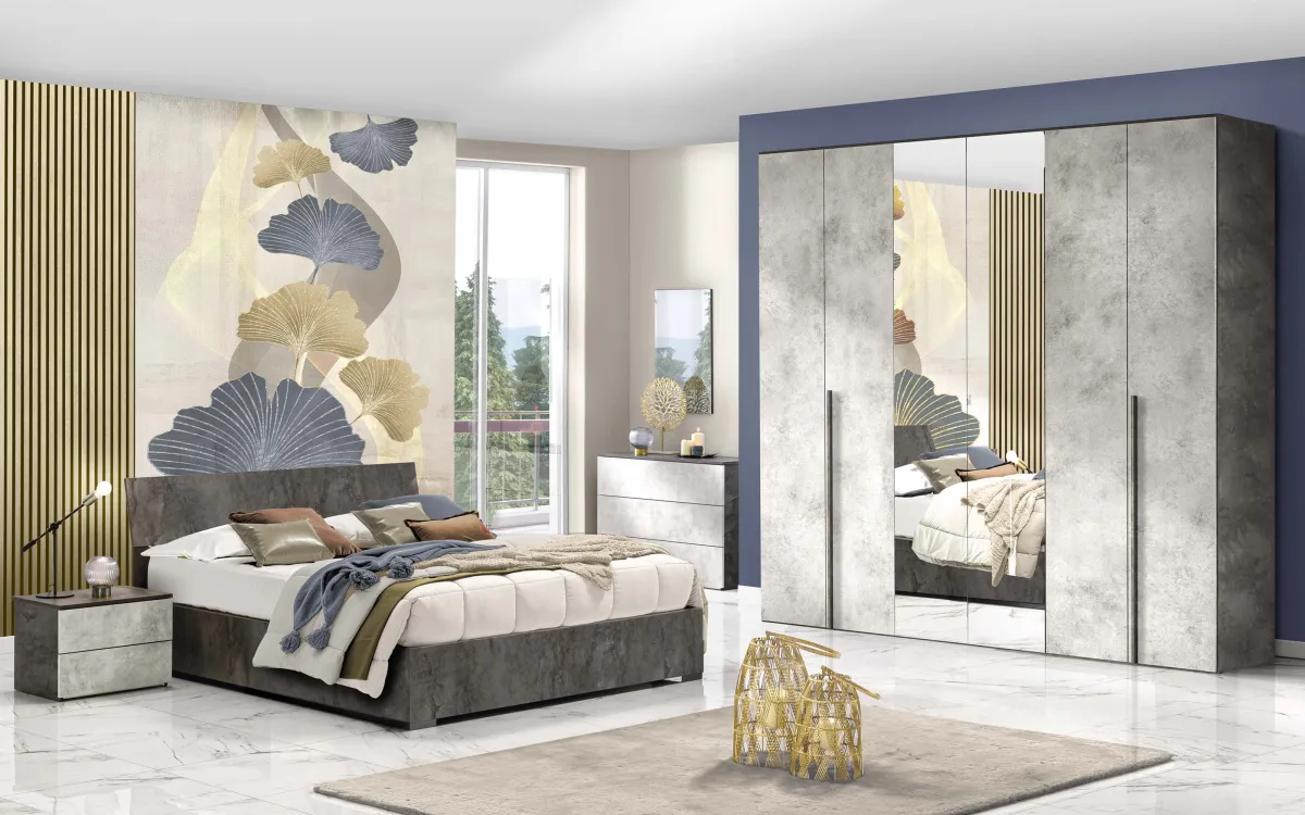 Camera 6 ante con specchio centrale con letto contenitore ossido bronx, cemento bronx: Donatella