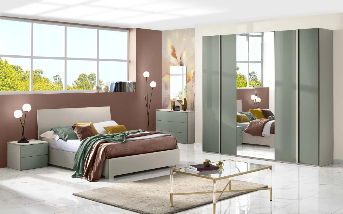 Camera 6 ante con specchio centrale con letto contenitore zinco, verde salvia: Primula