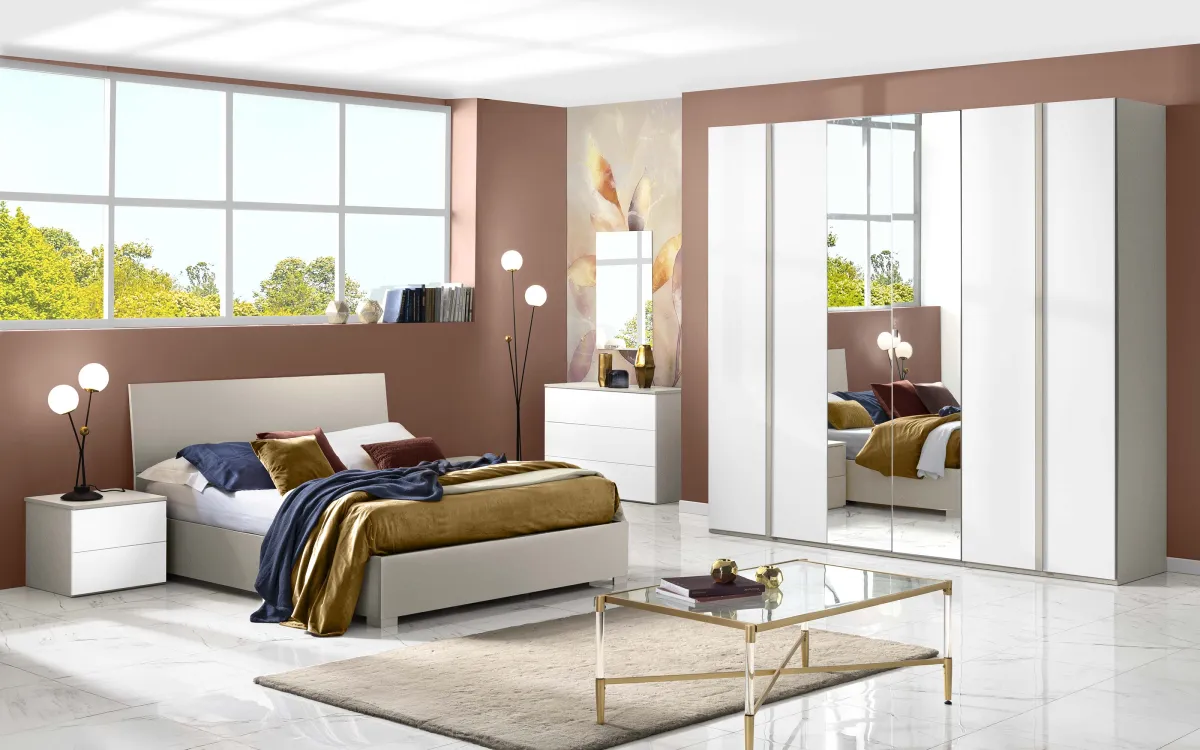 Camera 6 ante con specchio centrale con letto contenitore zinco, bianco opaco: Primula