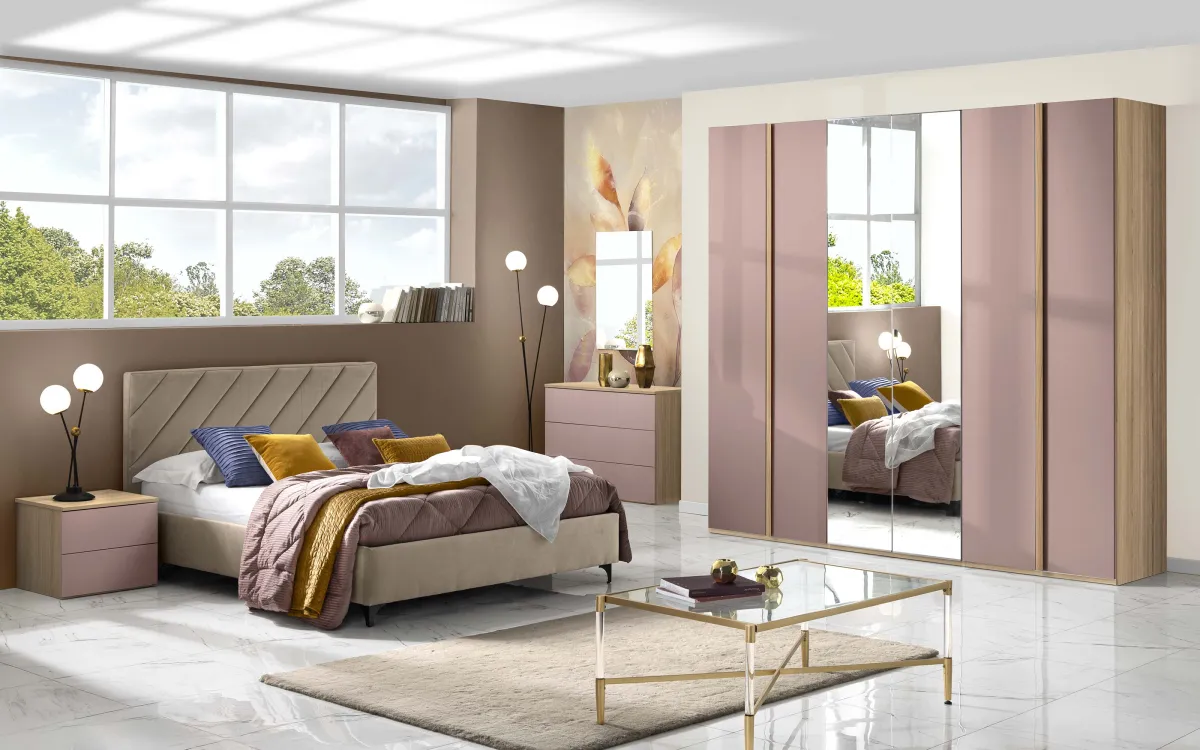 Camera 6 ante con specchio centrale senza letto noce riva, rosa corallo: Primula