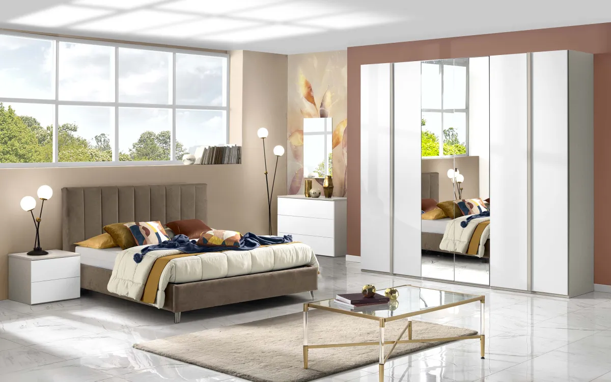 Camera 6 ante con specchio centrale senza letto zinco, bianco opaco: Primula