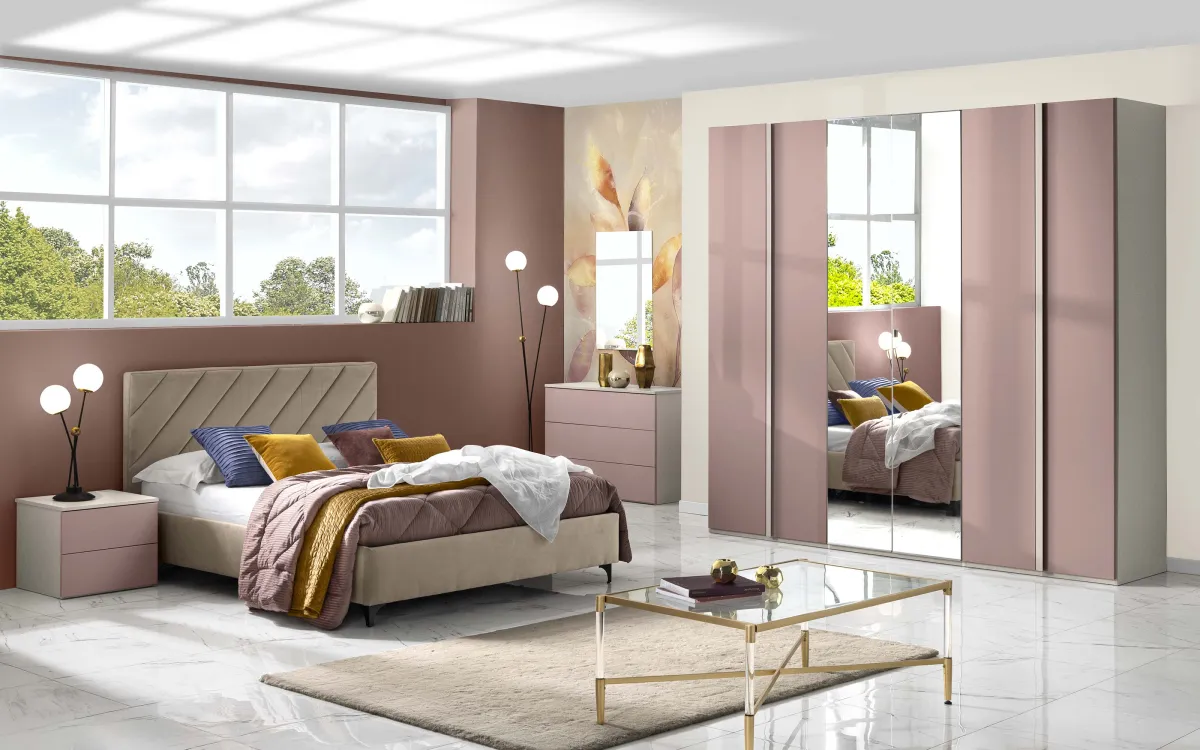 Camera 6 ante con specchio centrale senza letto zinco, rosa corallo: Primula