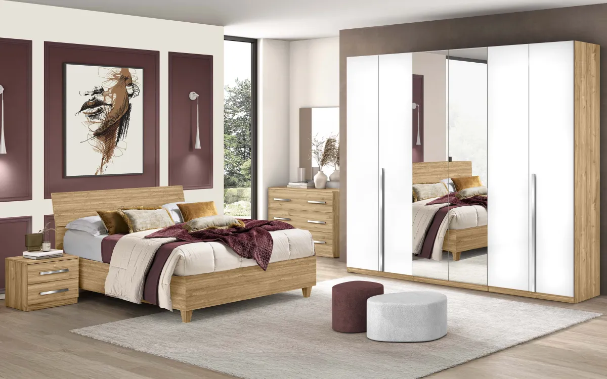 Camera completa 6 ante con chiusura rallentata con specchio centrale con letto contenitore rialzato con piedini effetto noce chiaro, bianco opaco: Eleonora