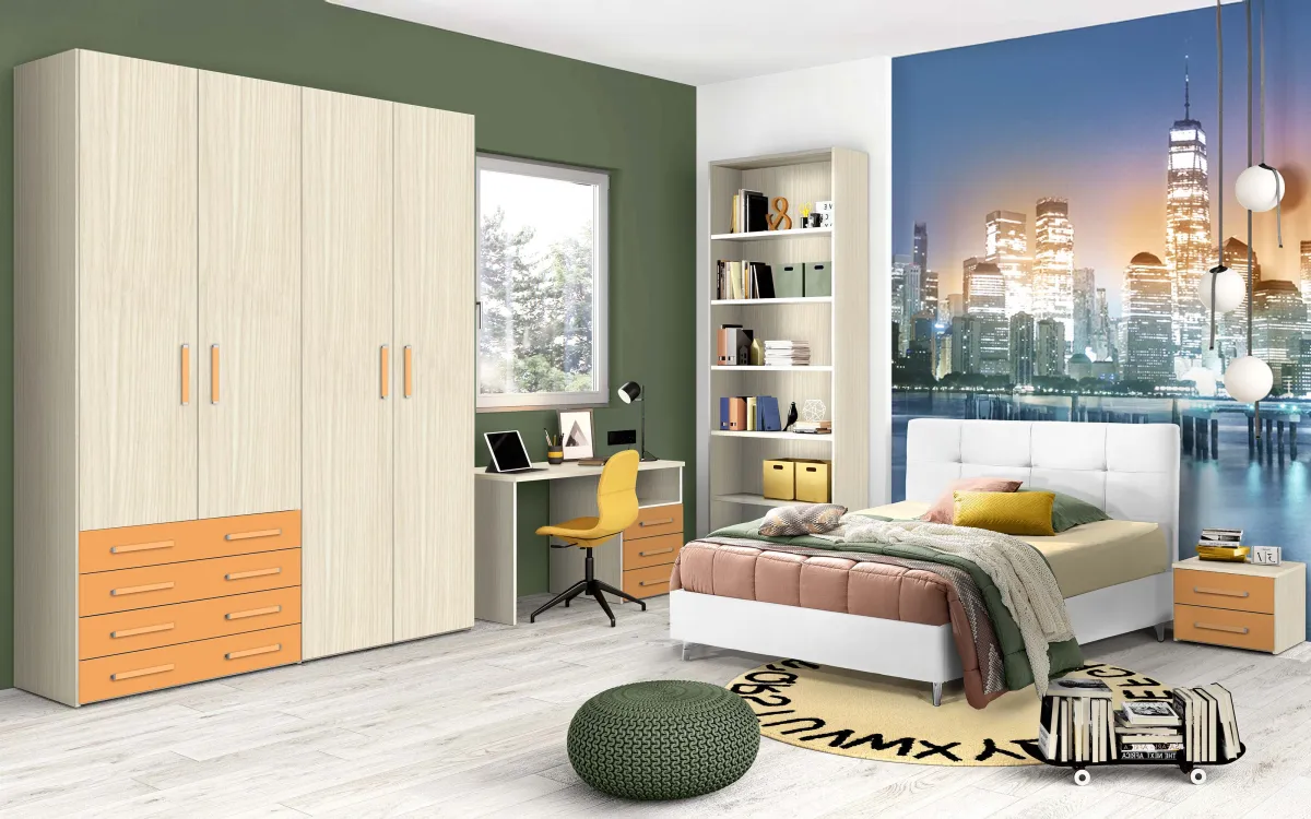 Cameretta bloccata 4 ante 4 cassetti con scrivania a destra effetto altea beige, effetto altea beige, melone: Spring