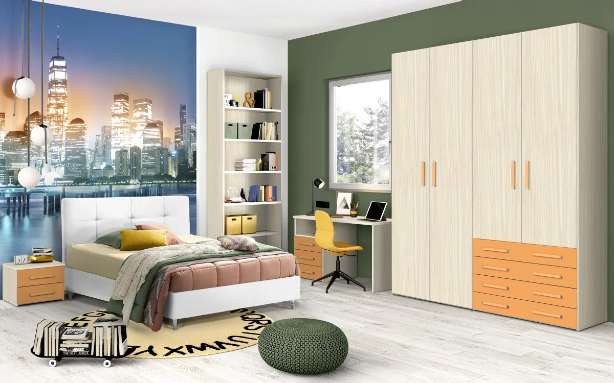 Cameretta bloccata 4 ante 4 cassetti con scrivania a sinistra effetto altea beige, effetto altea beige, melone: Spring