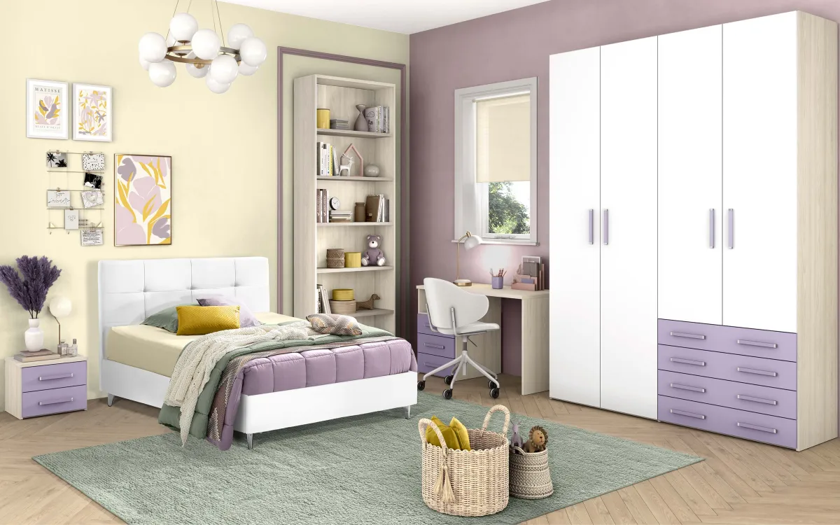 Cameretta bloccata 4 ante 4 cassetti con scrivania a sinistra effetto altea beige, bianco luna, glicine: Spring