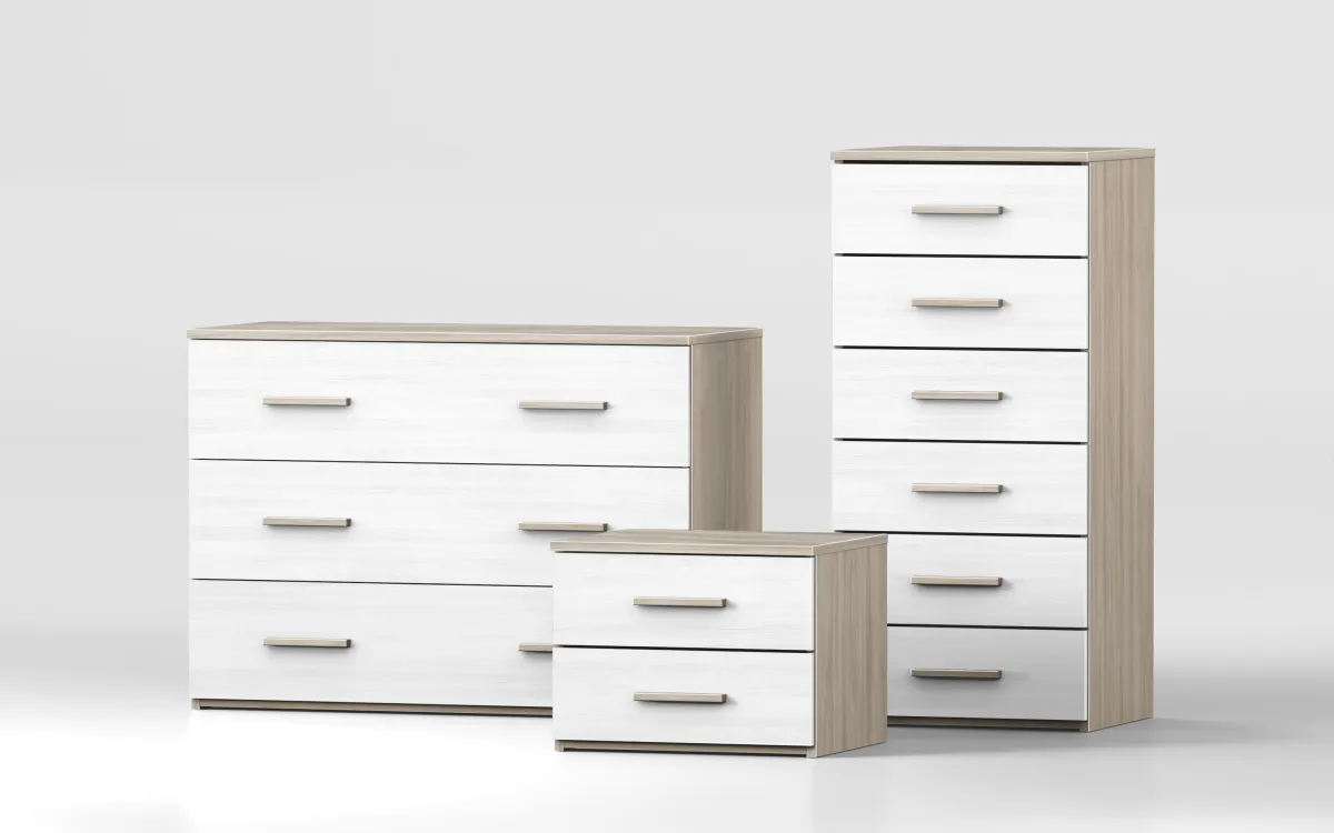 Comò 3 cassetti effetto olmo perla, bianco larice: Marina