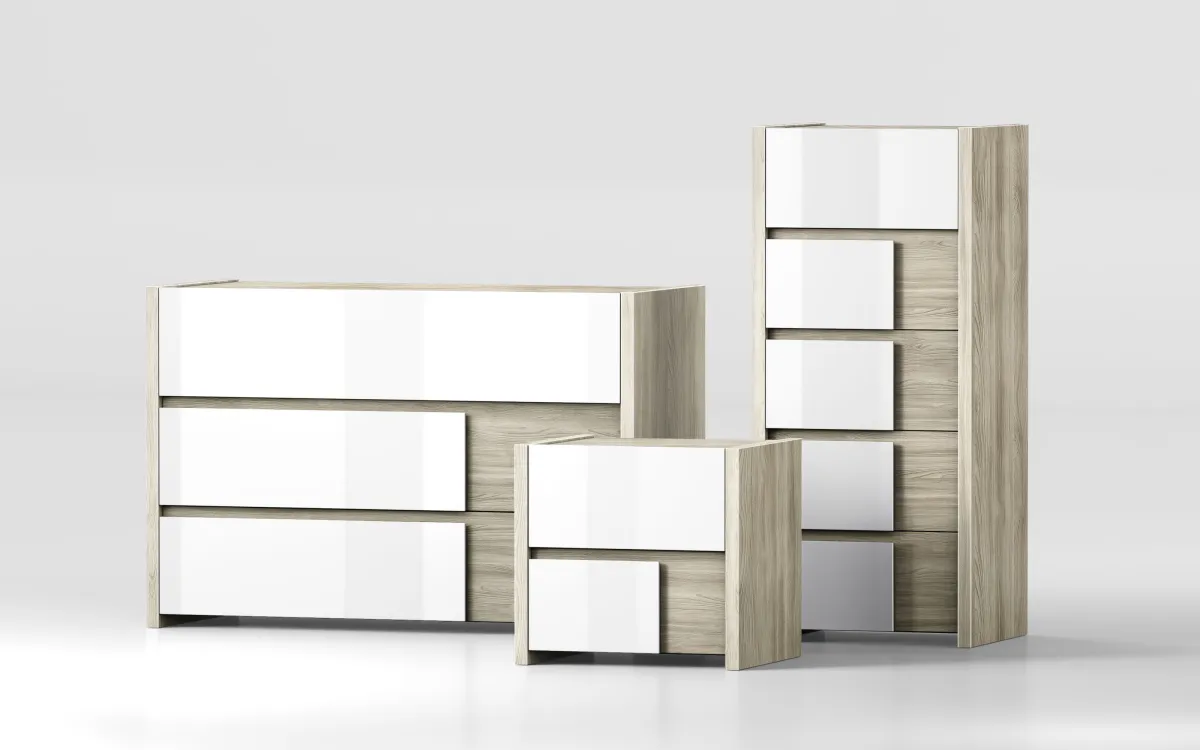 Comodino 2 cassetti olmo, bianco laccato: Vela