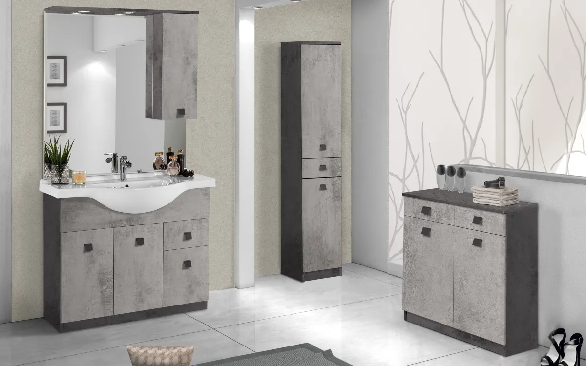 Componibile bagno 1 anta con pensile a destra lavabo incluso lamiera ossidata, cemento: Melissa