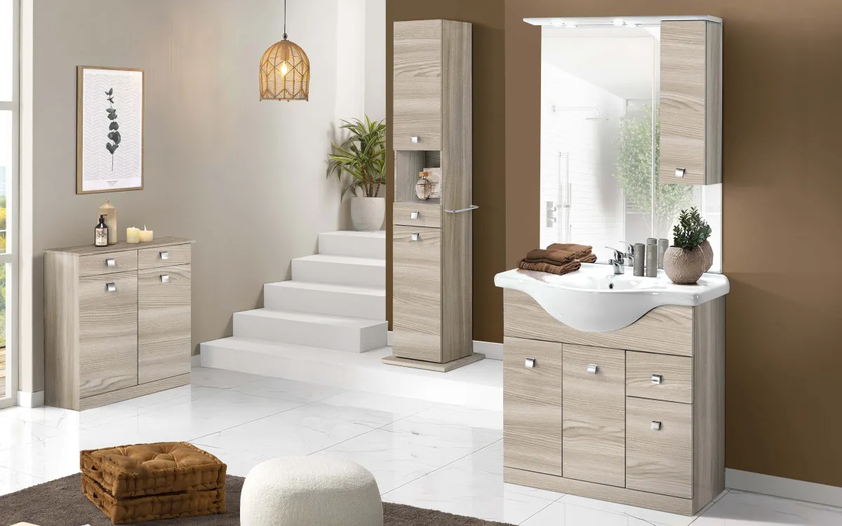 Componibile bagno 1 anta con pensile a destra lavabo incluso effetto olmo perla: Melissa
