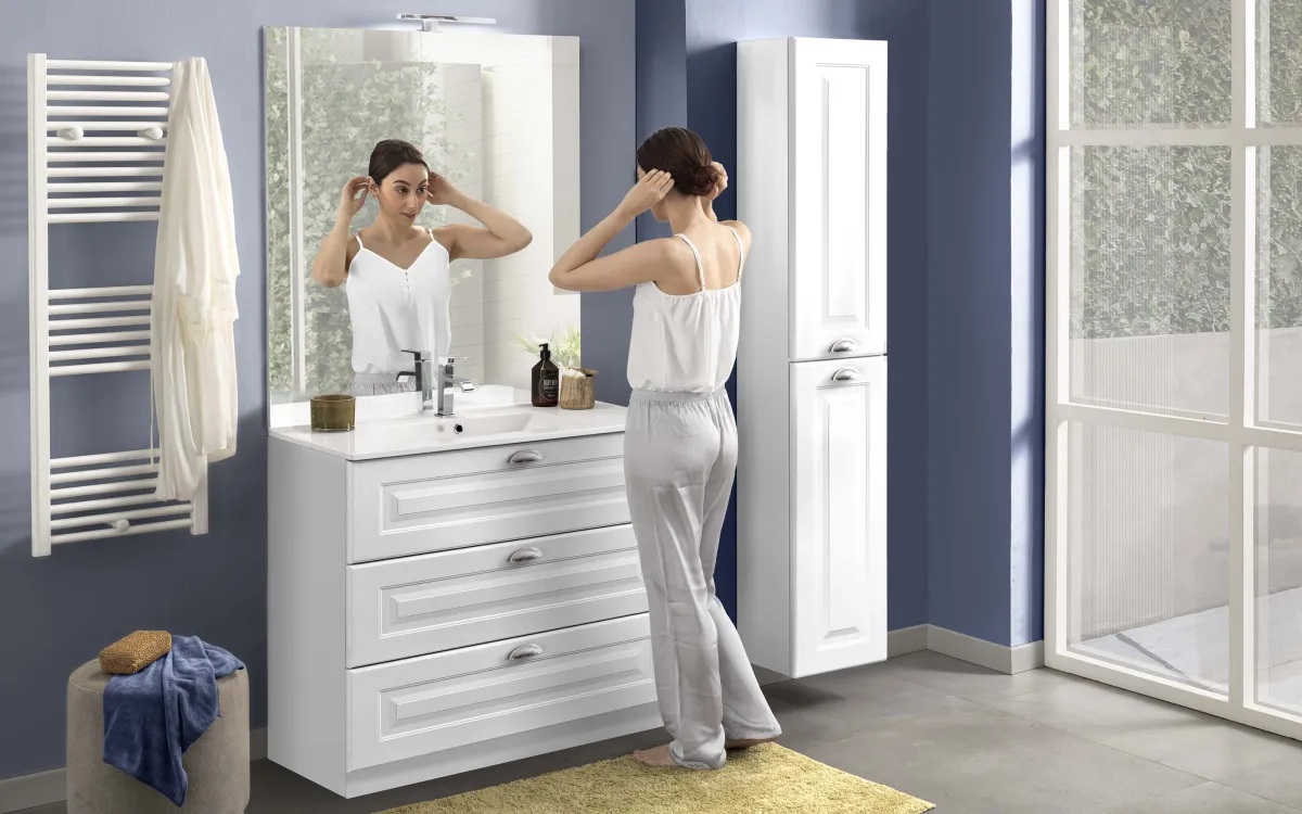 Componibile bagno 3 cestoni e specchio con led bianco opaco: Greta