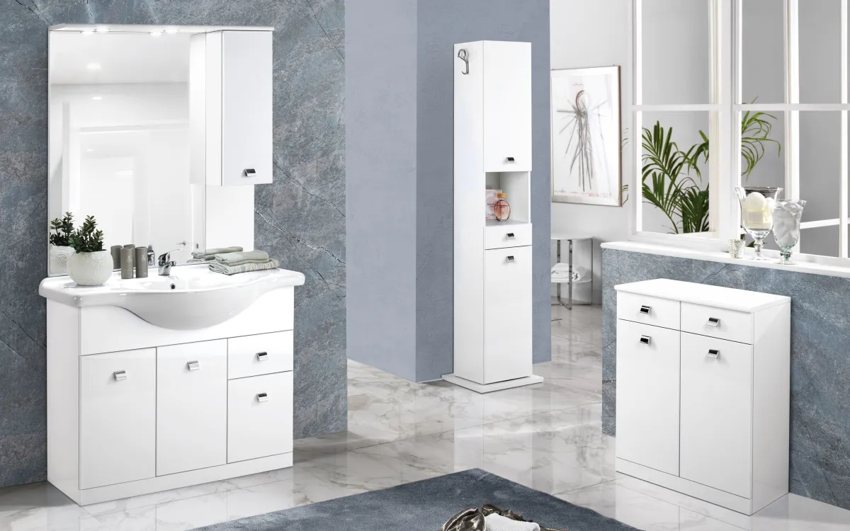 Componibile bagno a terra con pensile 3 ante 1 cassetto lavabo incluso con specchio con 2 ripiani 2 faretti bianco lucido: Melissa
