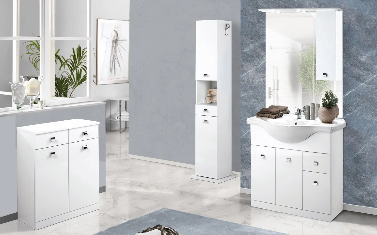 Componibile bagno a terra con pensile 3 ante 1 cassetto lavabo incluso con specchio con 2 ripiani 2 faretti bianco lucido: Melissa