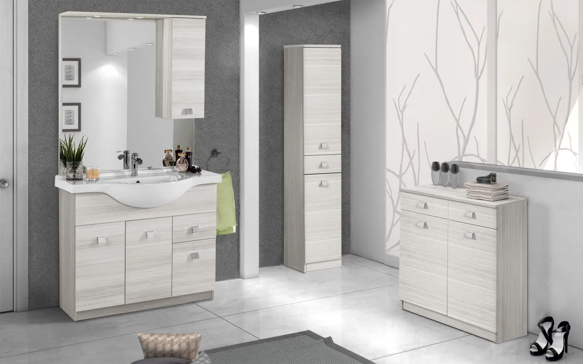 Componibile bagno con pensile a destra lavabo incluso Olmo effetto olmo bianco: Melissa