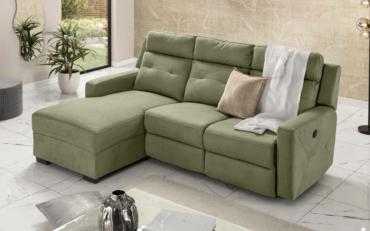 Divano angolare con penisola sinistra - recliner elettrico tessuto fibra algae green: Milos