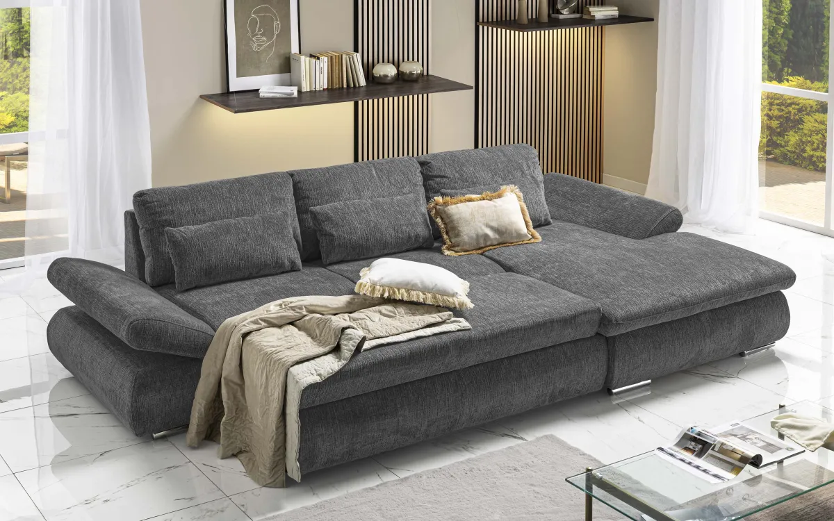 Divano letto angolare con penisola contenitore destra tessuto chicago anthracite: Alice
