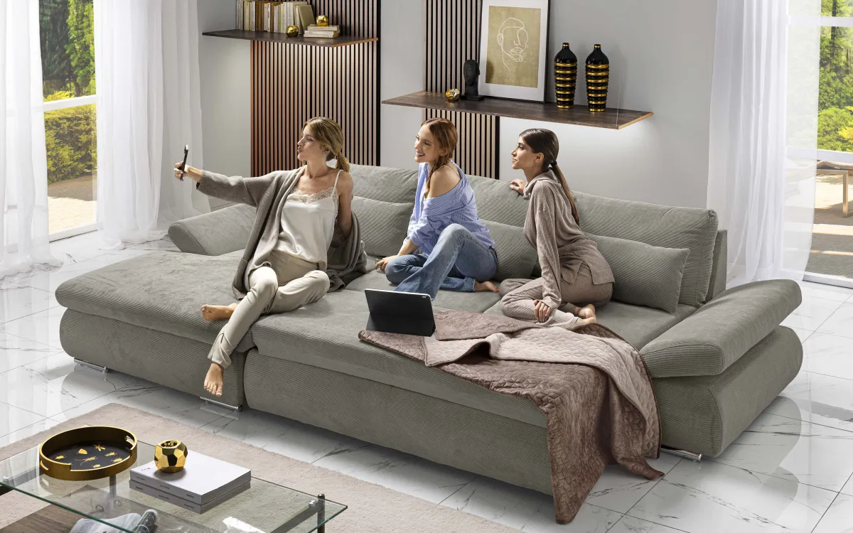 Divano letto angolare con penisola contenitore sinistra tessuto cord ash: Alice