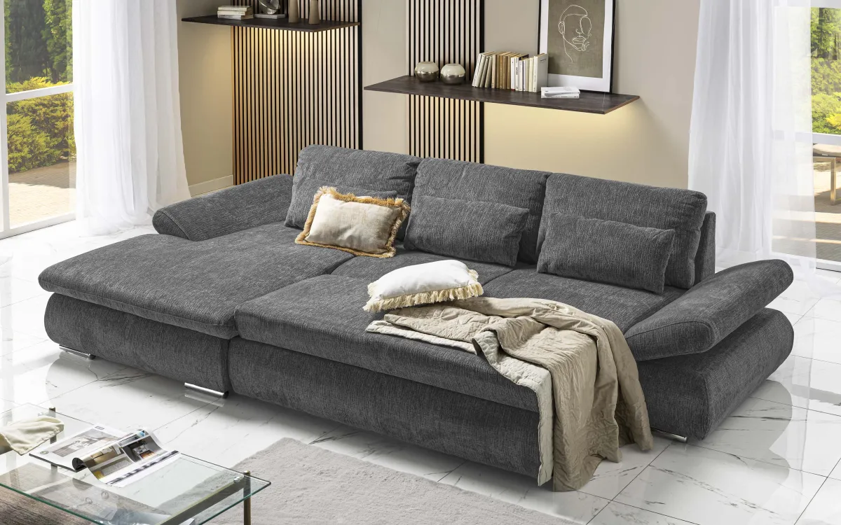 Divano letto angolare con penisola contenitore sinistra tessuto chicago anthracite: Alice