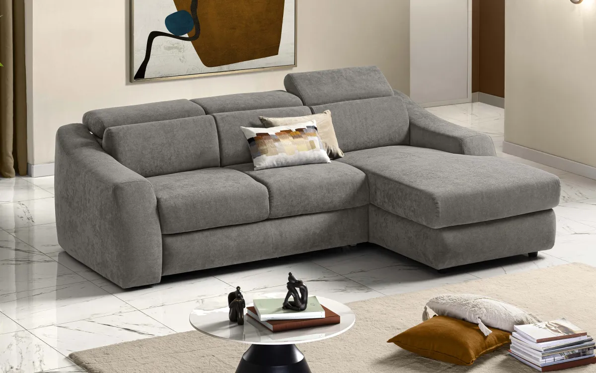Divano letto angolare con penisola destra - meccanismo estraibile tessuto plutone grigio: Ambra
