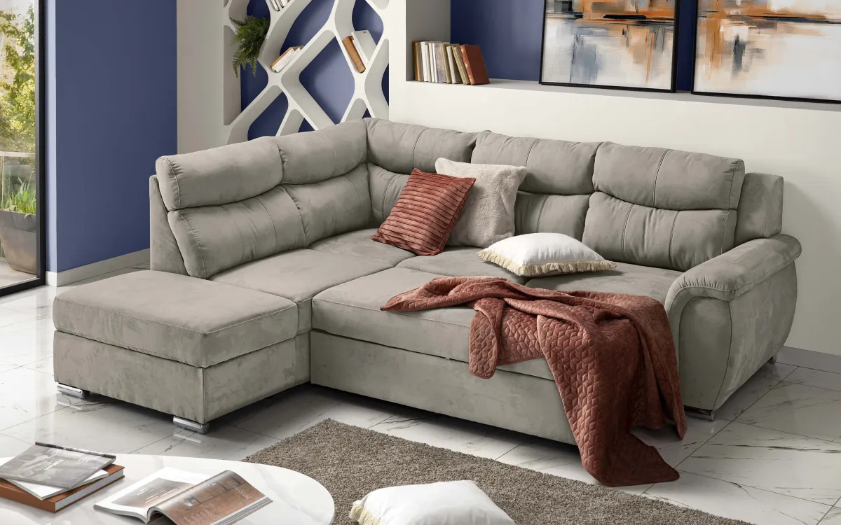 Divano letto angolare con pouf contenitore sinistro - meccanismo estraibile tessuto loto light grey: Amalfi