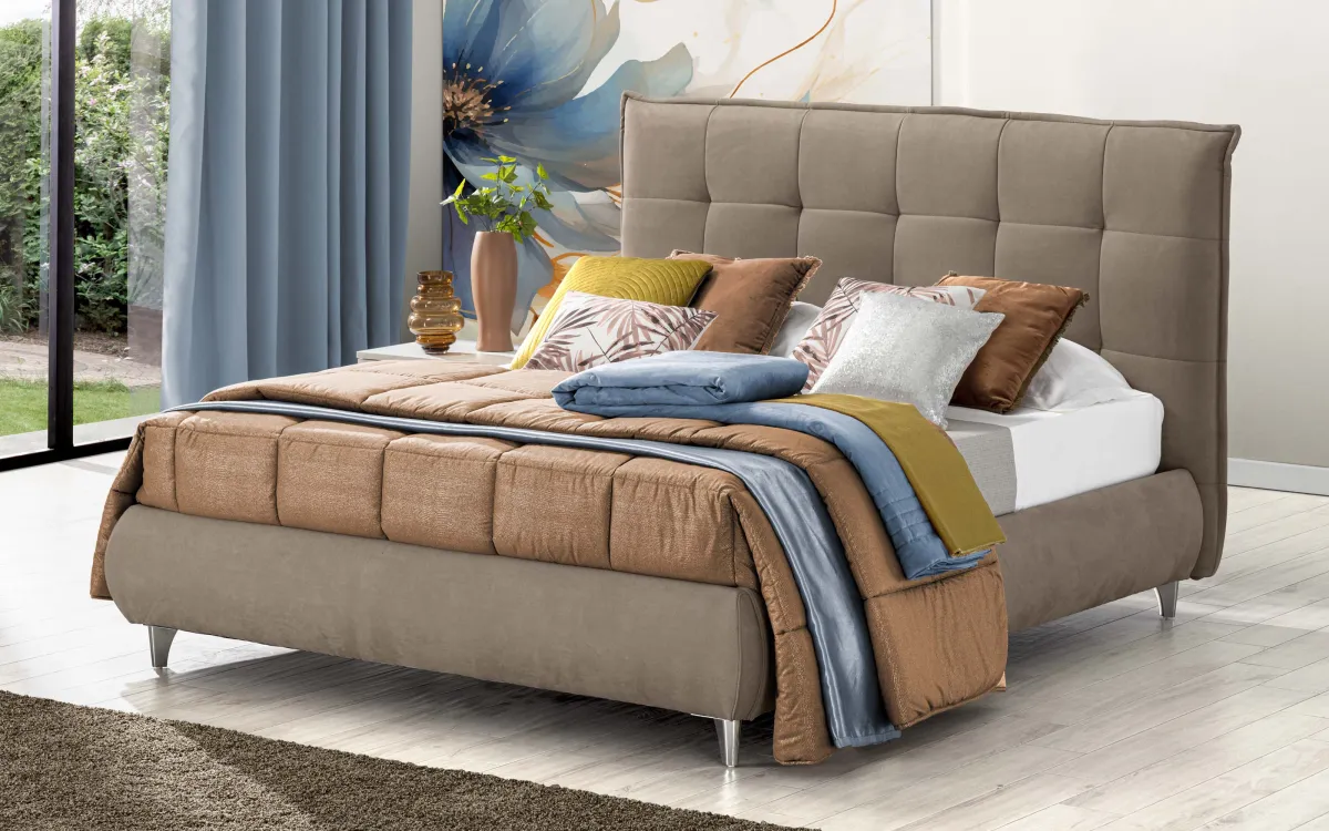 Letto contenitore matrimoniale con piedini tessuto loto brown: Deva
