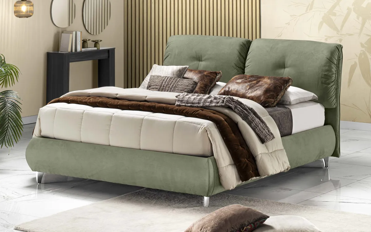 Letto contenitore matrimoniale con piedini tessuto loto new green: Calliope