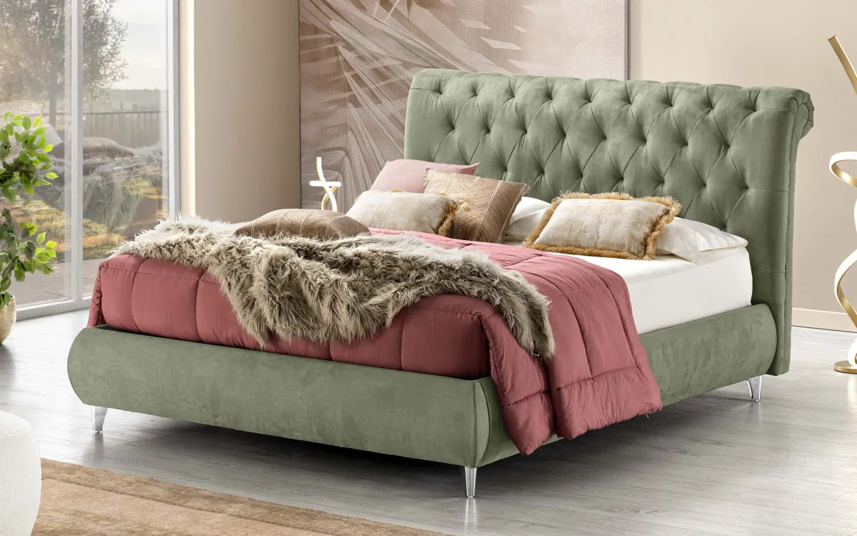 Letto contenitore matrimoniale con piedini tessuto loto new green: Isabelle