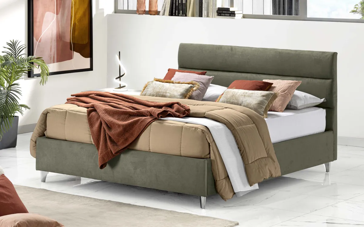 Letto contenitore matrimoniale con piedini tessuto loto verde: Noah