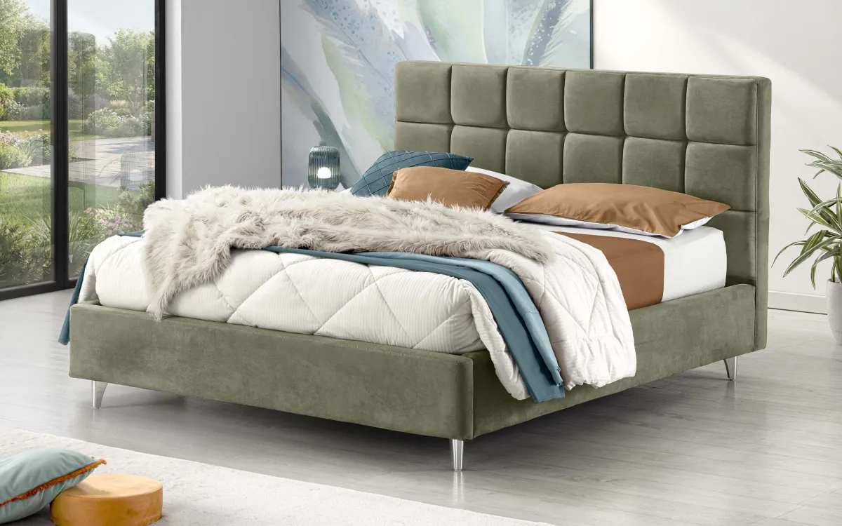 Letto contenitore matrimoniale con piedini tessuto loto verde: Laila