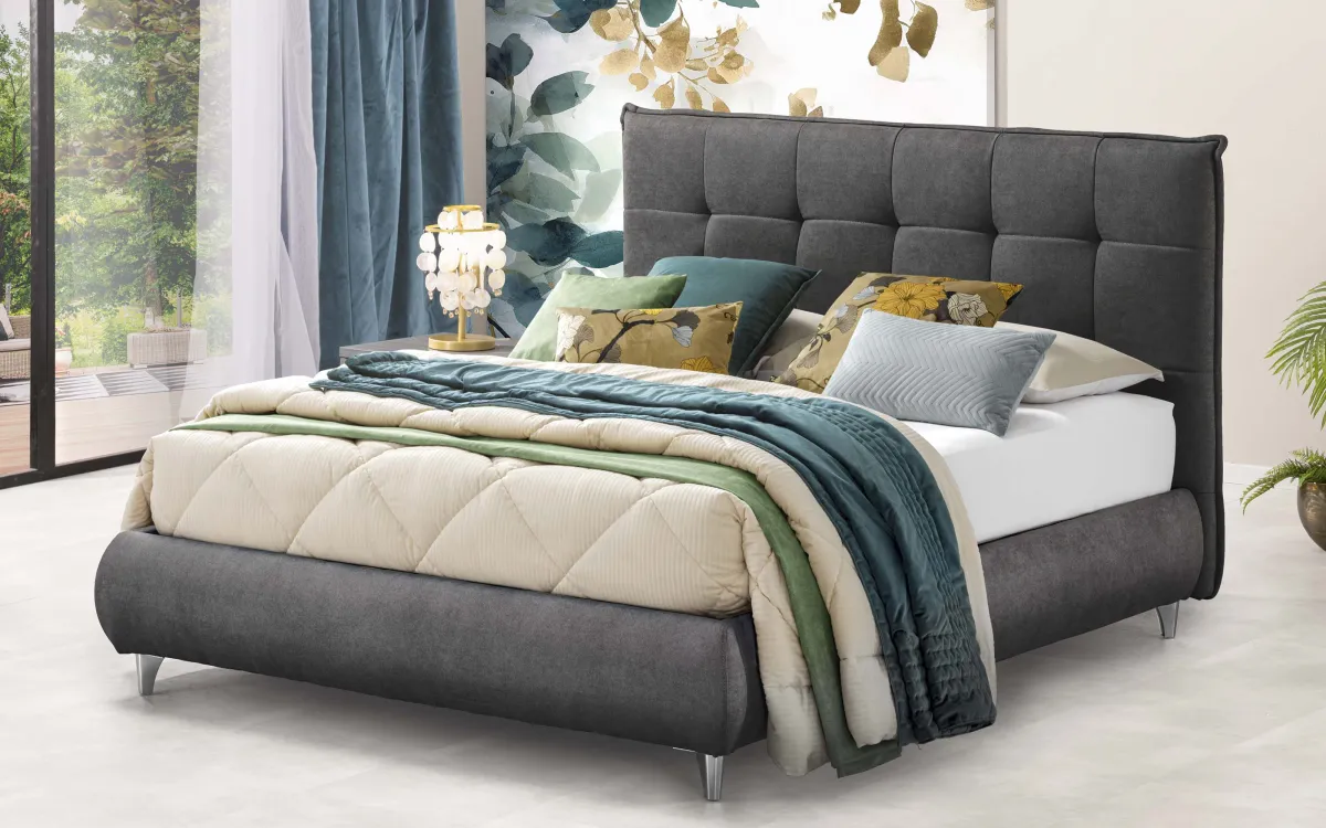 Letto contenitore matrimoniale con piedini tessuto mlk fumo: Deva