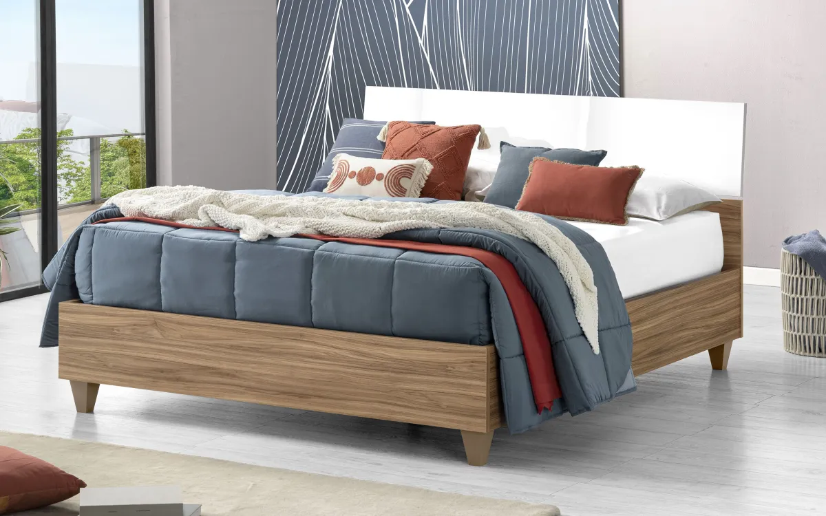 Letto contenitore matrimoniale lungo effetto noce oro, bianco laccato: Sky