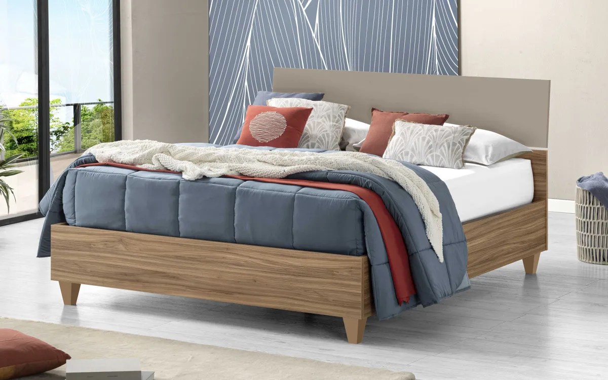 Letto contenitore matrimoniale rialzato con piedini effetto noce oro, visone: Sky