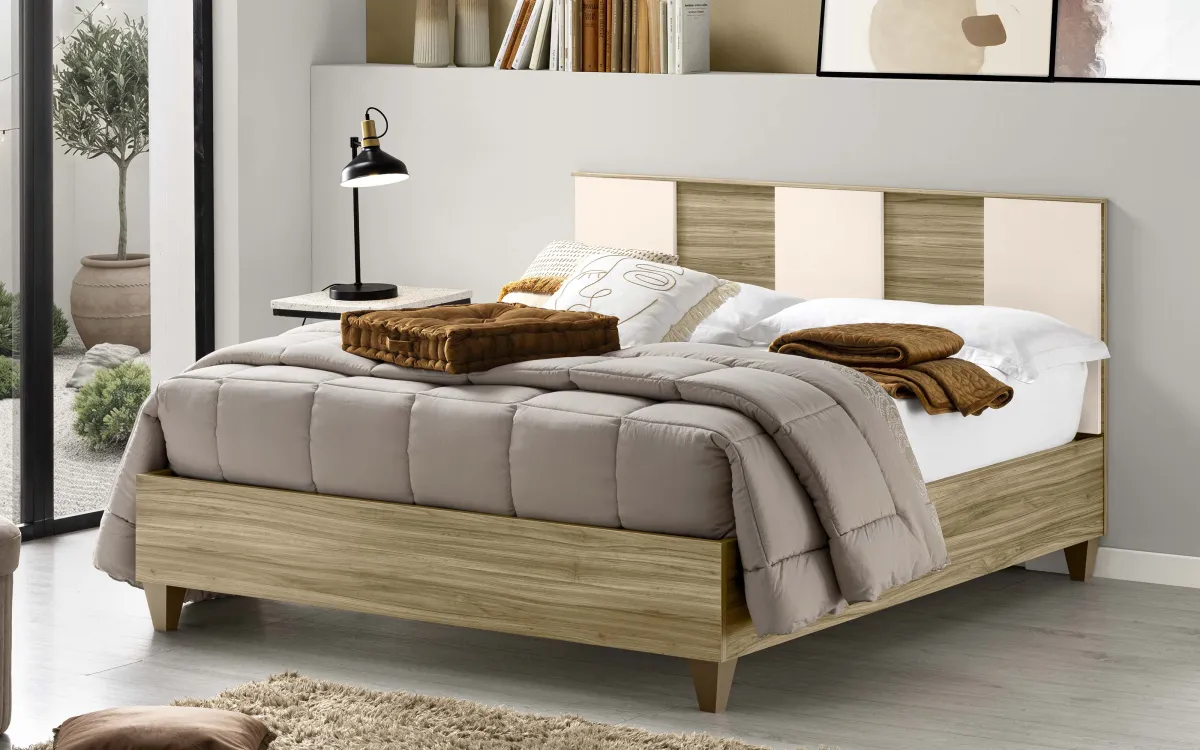 Letto contenitore matrimoniale rialzato effetto noce oro, orzo: Palatino