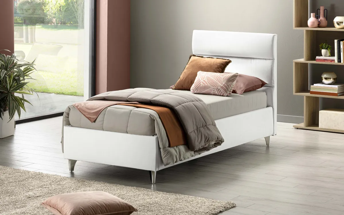 Letto contenitore singolo con piedini rivestimento ego bianco: Noah