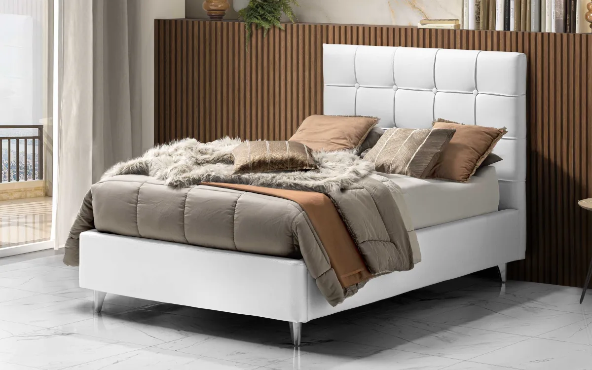 Letto contenitore una piazza e mezza con piedini rivestimento eco bianco: Nina