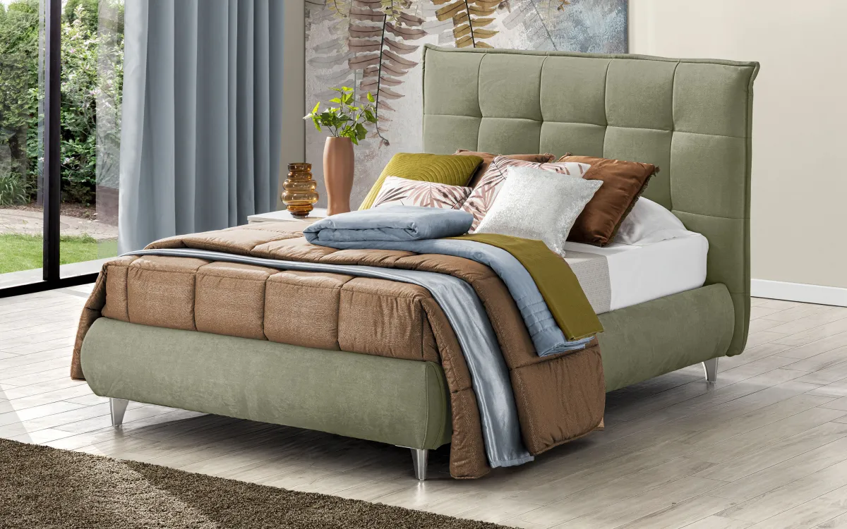 Letto contenitore una piazza e mezza con piedini tessuto loto new green: Deva