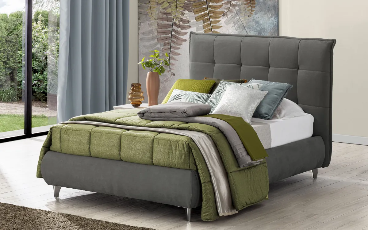 Letto contenitore una piazza e mezza con piedini tessuto loto grigio scuro: Deva
