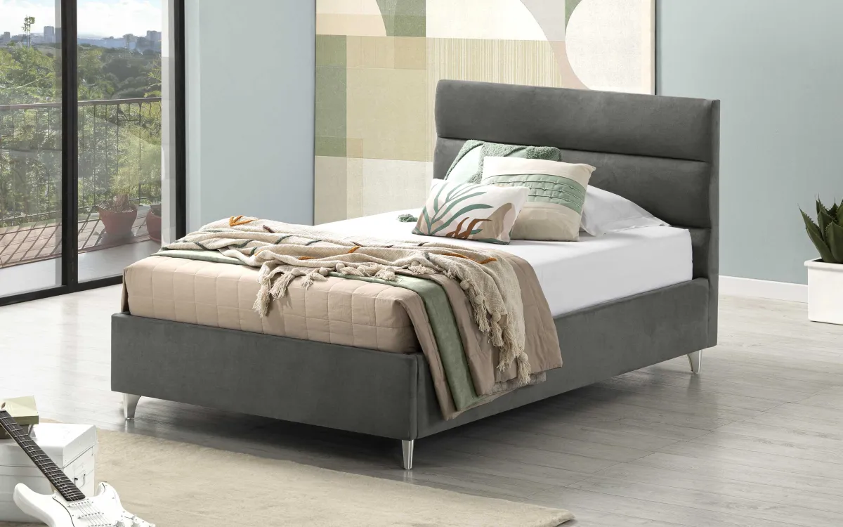 Letto contenitore una piazza e mezza con piedini tessuto loto grigio scuro: Noah