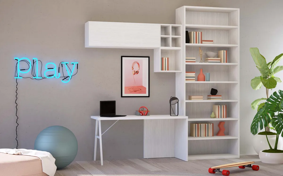 Libreria 1 vano e scrivania a sinistra con pensili cenere wood: Bit