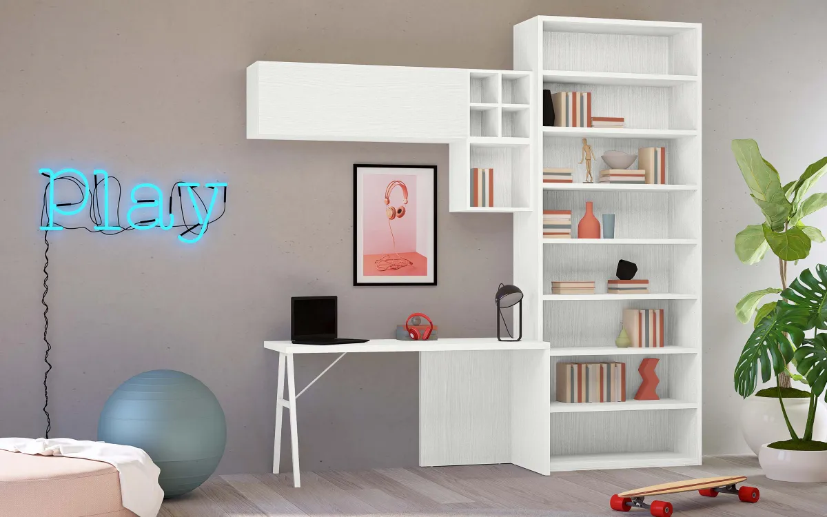 Libreria 1 vano e scrivania a sinistra con pensili nuvola frassino: Bit