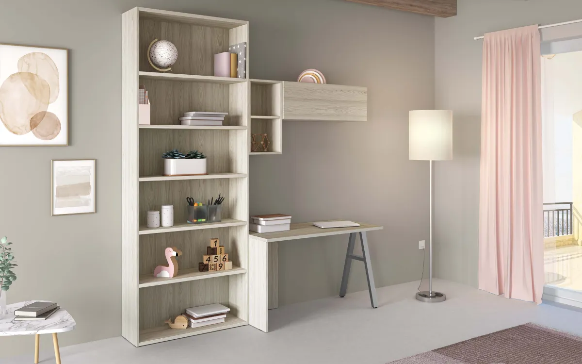 Libreria con pensile con scrivania a destra effetto altea beige: Spring