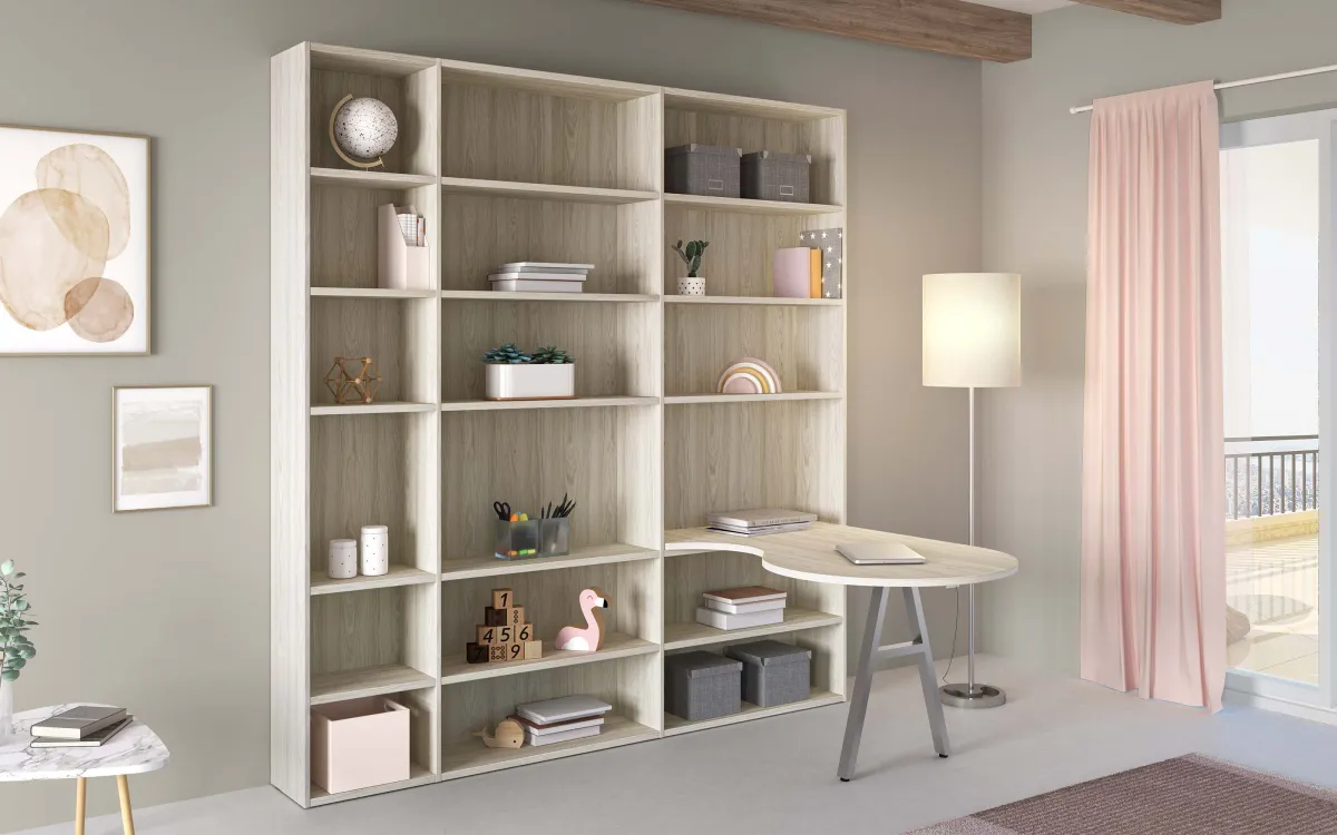 Libreria con scrivania a destra effetto altea beige: Spring